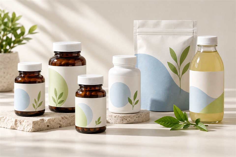 Vitamins, nutritional supplements and an everyday drink arranged with green leaves
